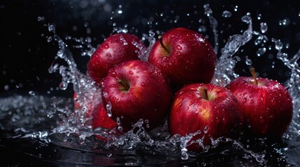 apple in black background with water splash