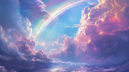 An angelic realm above the sea where the sky is painted with neon rainbows and animals of light frolic in the clouds - obrazy, fototapety, plakaty
