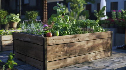 A garden with beds filled with fresh vegetables and herbs in a box