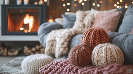 Cozy and warm fireside with soft pop colored throws and cushions