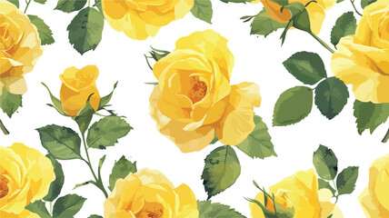 Watercolor yellow roses on white seamless pattern.