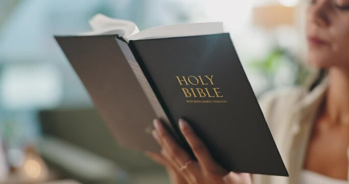 Hands, reading and woman with bible at apartment for worship, religion or spiritual wellness. Praise, healing and closeup of female person studying holy book for christian faith and peace at home.