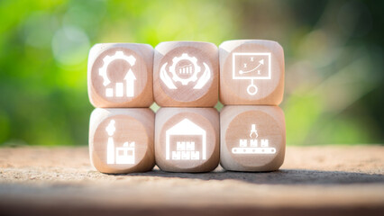 Lean manufacturing concept, Wooden block on desk with lean manufacturing icon on virtual screen.