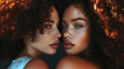 Obraz premium Two Beautiful Women With Curly Hair Posing for a Picture. Women's friendship, solidarity, love.