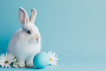 Easter bunny rabbit with painted egg and flowers on blue background