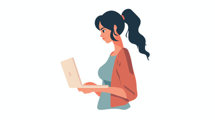 Woman with low ponytail holding a laptop.