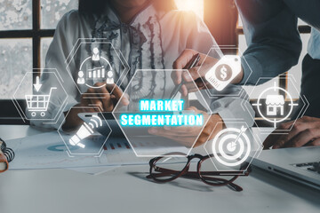 Market segmentation concept, Business team using tablet on office desk with market segmentation...