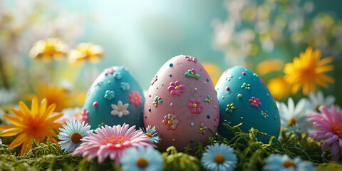 Obraz na płótnie Canvas Easter eggs with flowers on green grass background. 3d illustration