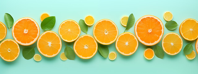 Sliced Oranges and Lemons on Turquoise Background