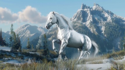 Powerful White Horse Running Through Snowy Mountains AI Generated.
