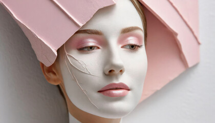 Beautiful woman with white and pink ceramic mask