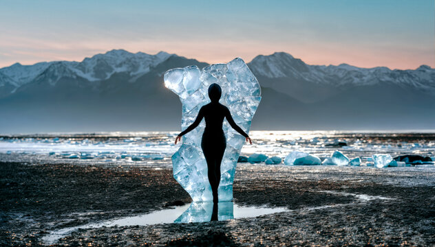 Abstract silhouette of a person by ice wall on a beach