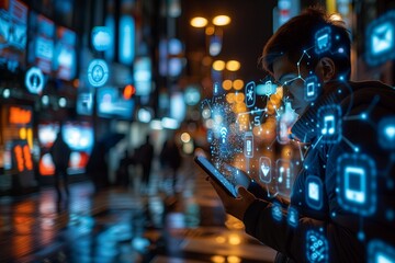 Fototapeta na wymiar Side view of young man using laptop on street with night city lights on background. Global world network and telecommunication on earth cryptocurrency and blockchain