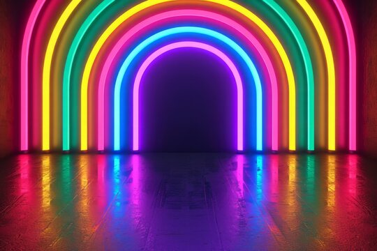 Colorfull rainbow line background neon. Empty virtual room.