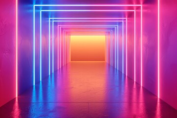 abstract background with neon lines glowing in ultraviolet spectrum. Empty virtual room, square frame.