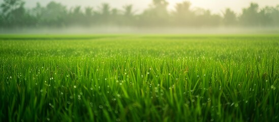 Fototapeta premium Tranquil scenery of lush green field with glistening water droplets in the morning light