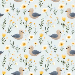 Repeating pattern with ducks and grass, nature pattern, nature, pattern with ducks, background for design, blue ducks and yellow flowers 