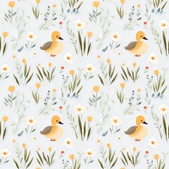 Repeating pattern with ducks and grass, nature pattern, nature, pattern with ducks, background for design