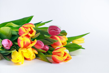 Obraz premium Bouquet of colorful multicolored tulips on white background. Happy easter. Spring symbol