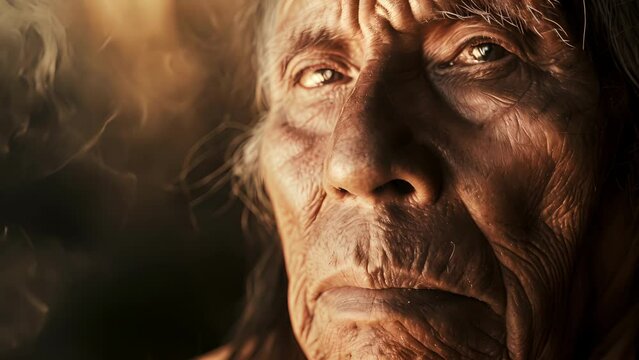 A portrait of a Native American elder their face a map of their ancestral history and culture, Close-up Portrait of an Elderly female With Wrinkles