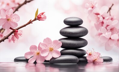 Obraz na płótnie Canvas stack of spa stones with cherry blossoms, spring pink flowers with balanced massage stones