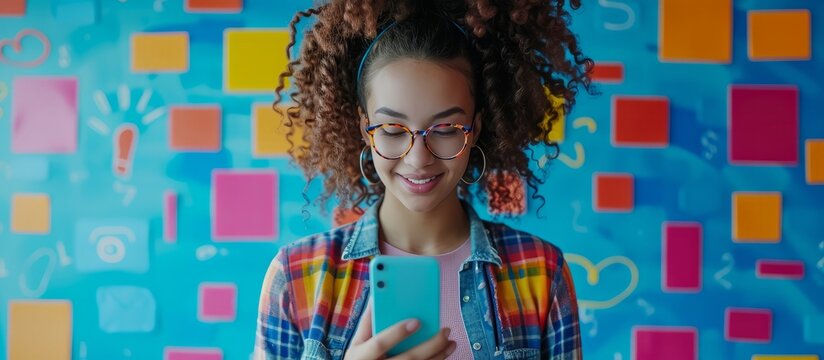A young woman with trendy glasses and stylish hair is smiling while looking at her cell phone against a colorful tartan wall. Her cool gesture exudes happiness and artistry in vision care and eyewear.