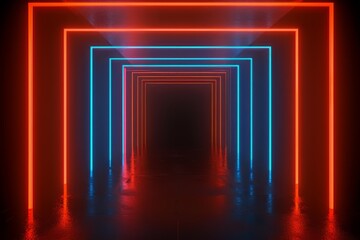 Fototapeta premium abstract background with neon lines glowing in ultraviolet spectrum. Empty virtual room, square frame.