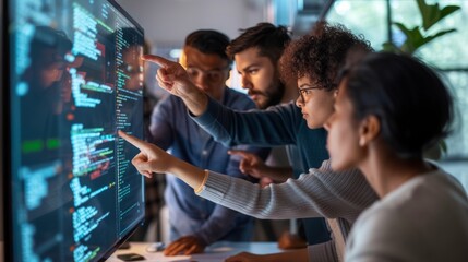 Team of QA Engineers Collaborating: A photo of a diverse group of QA professionals collaborating around a large monitor, pointing at lines of code