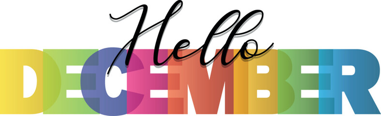 Hello December Mixed color vector typography banner with calligraphic lettering. Multicolored, bright, isolate, letters like, for the for social network, web resources, mobile apps.