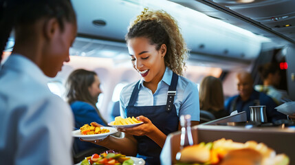 A photo of a flight attendant serving passengers food and drinks. a happy flight attendant wearing a uniform offers lunch to the passengers of the plane. - obrazy, fototapety, plakaty