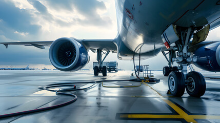 A photo of a commercial airplane being refueled. Close-up of an airplane with a refueling hose attached.