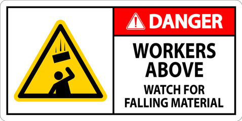 Obraz premium Danger Sign, Workers Above Watch For Falling Material