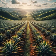 Pineapple ananas field, beautiful landscape with clouds
