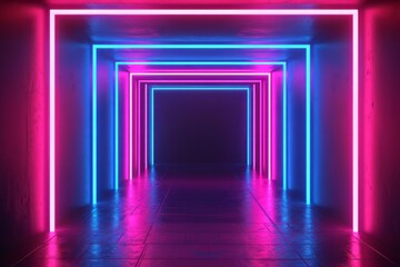 abstract background with neon lines glowing in ultraviolet spectrum. Empty virtual room, square frame.