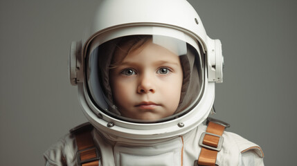 Young Child in Astronaut Helmet Posing for Portrait.  Children's professions.