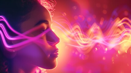 Fototapeta premium Image of an audio signal wave coming from a woman's ear. Audio concept.