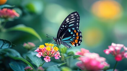 Black and Blue Butterfly on Flowers with a Soft Bokeh Background