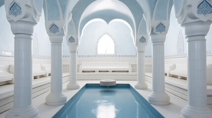 Traditional Moroccan or Turkish Hammam Interior With Intricate Tilework, Blue and White Tile - obrazy, fototapety, plakaty