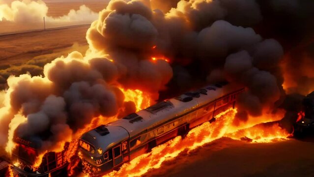 A train engulfed in intense flames and billowing smoke against a vast, open landscape, indicating a severe rail disaster. Concept of fight against terrorism or anti-terrorism.