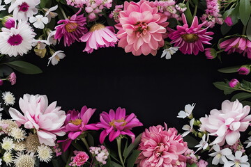 Flowers border on black background. Photorealistic composition with space for text. Background for banners, sliders, ads materials