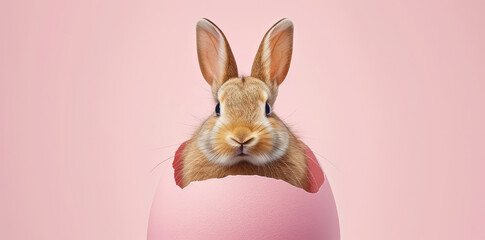Cute bunny sitting inside an eggshell. - obrazy, fototapety, plakaty