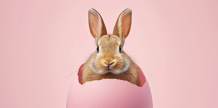 Cute bunny sitting inside an eggshell.