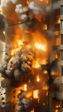 A fierce blaze and billowing smoke erupted from a high-rise building, indicating a serious urban fire incident. Concept of the fight against terrorism or anti-terrorism