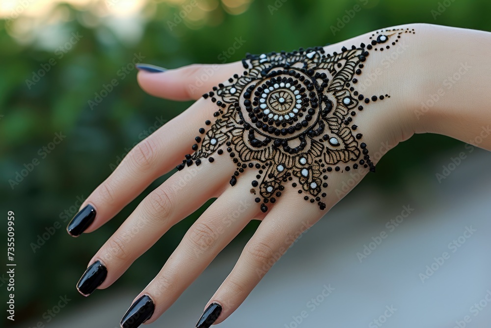 Wall mural Close-up details of henna designs on women's hands during Eid al-Adha celebrations