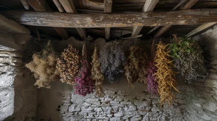 Fototapeten A bunch of dried plants hanging from a stone wall, AI © starush
