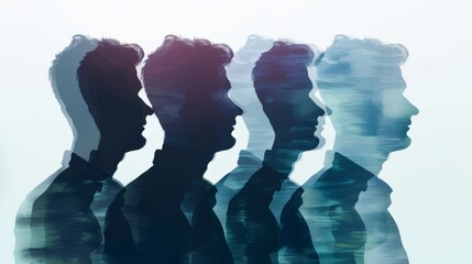 Silhouette of a diverse group of people seen from the side, representing a community of colleagues or collaborators. Conceptualizes the idea of a mutual agreement or pact. Collaborators and coworkers 