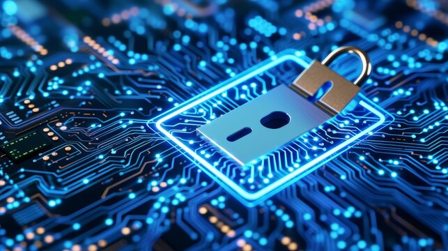 High-resolution digital image illustrating a glowing security padlock symbol on a detailed circuit board.