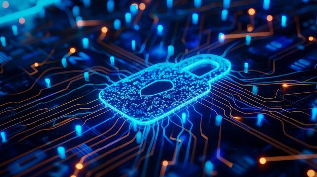 High-resolution digital image illustrating a glowing security padlock symbol on a detailed circuit board.
