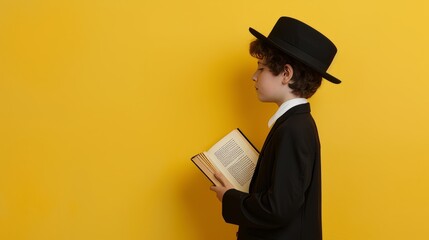 Young Hassidic orthodox boy with sidelocks praying holding prayer book over face yellow background - obrazy, fototapety, plakaty