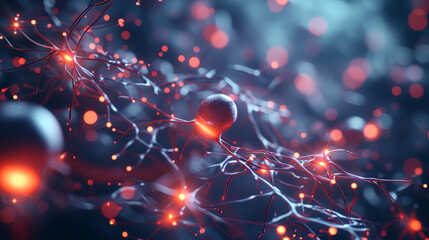 3d neuroscience image with neurons and red lights - obrazy, fototapety, plakaty